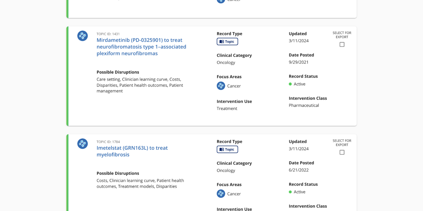screenshot of database search results card view